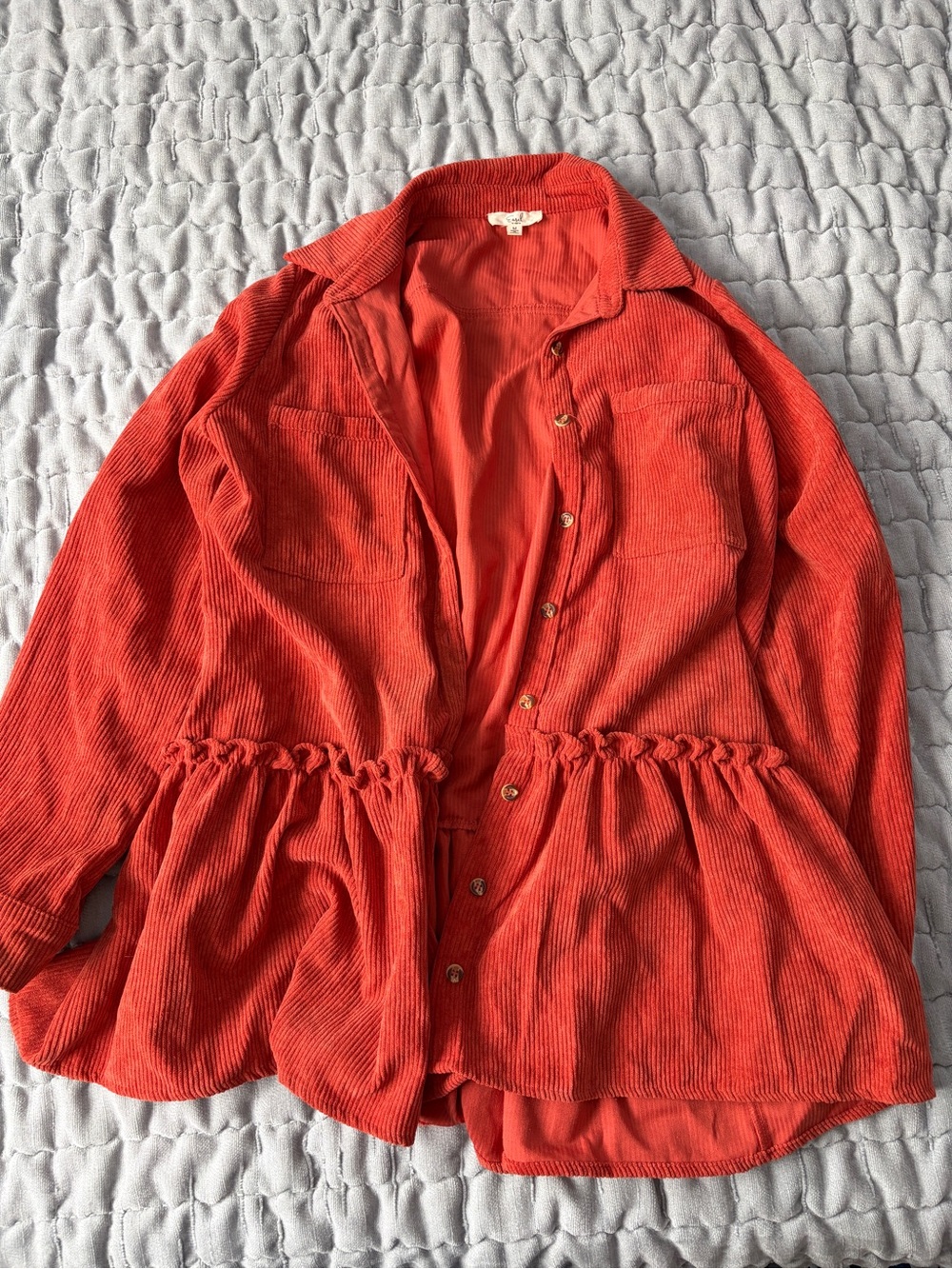 Button-Front Red Corduroy Jacket with Gathered Waist